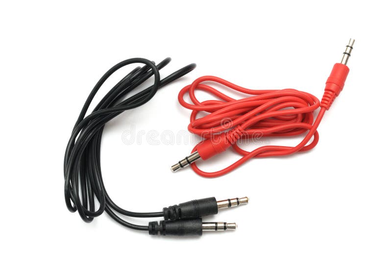 A photo taken on a pair of black and red male-to-male 3.5mm computer audio cables against a white backdrop. A photo taken on a pair of black and red male-to-male 3.5mm computer audio cables against a white backdrop.